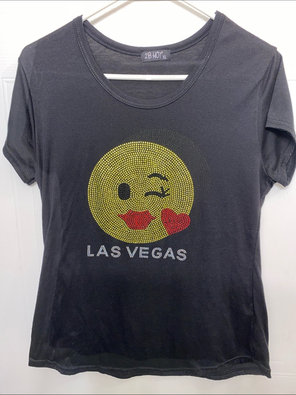 Las Vegas Emoji Rhinestone Tee - Black with Yellow & Red Accent